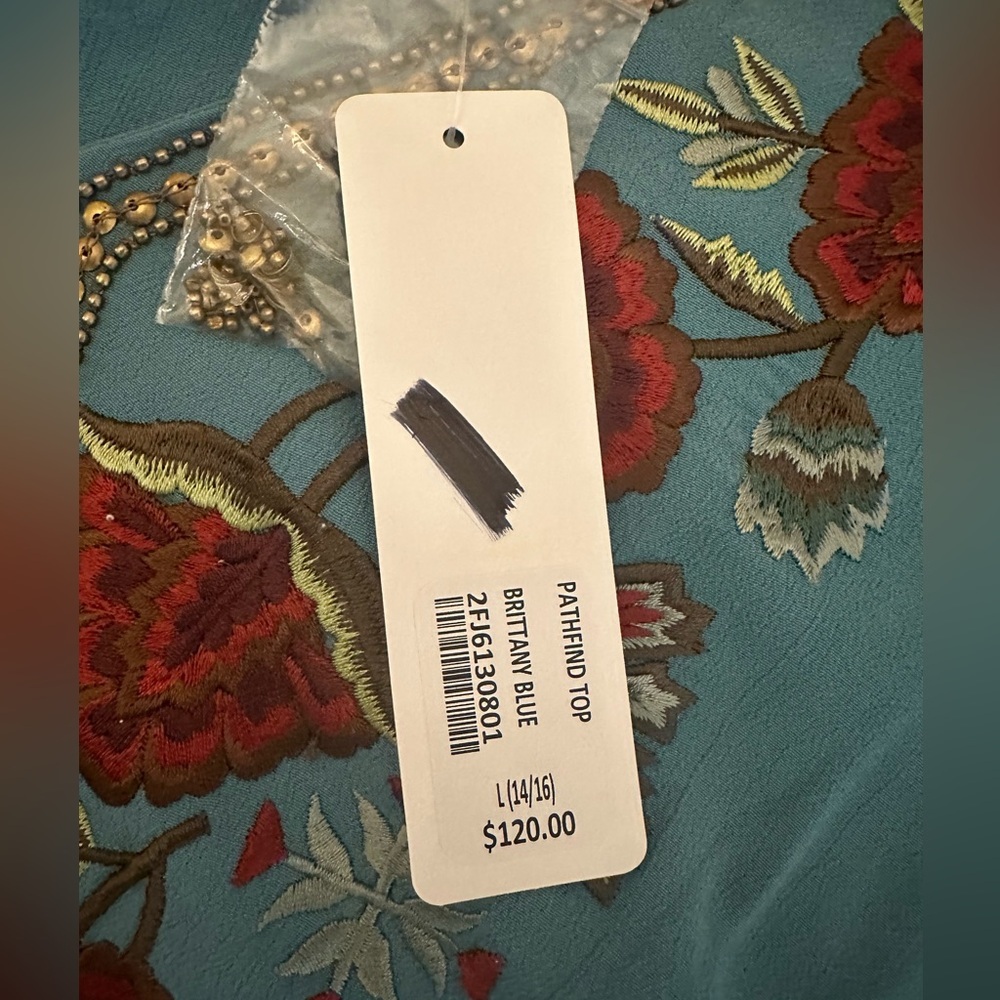 NWT Soft Surroundings Teal Blue Pathfind Floral Embroidered Top - Size L - Picture 4 of 6